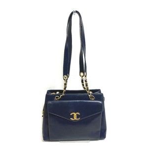 CHANEL Blue Lambskin Leather Logo Shoulder Bag